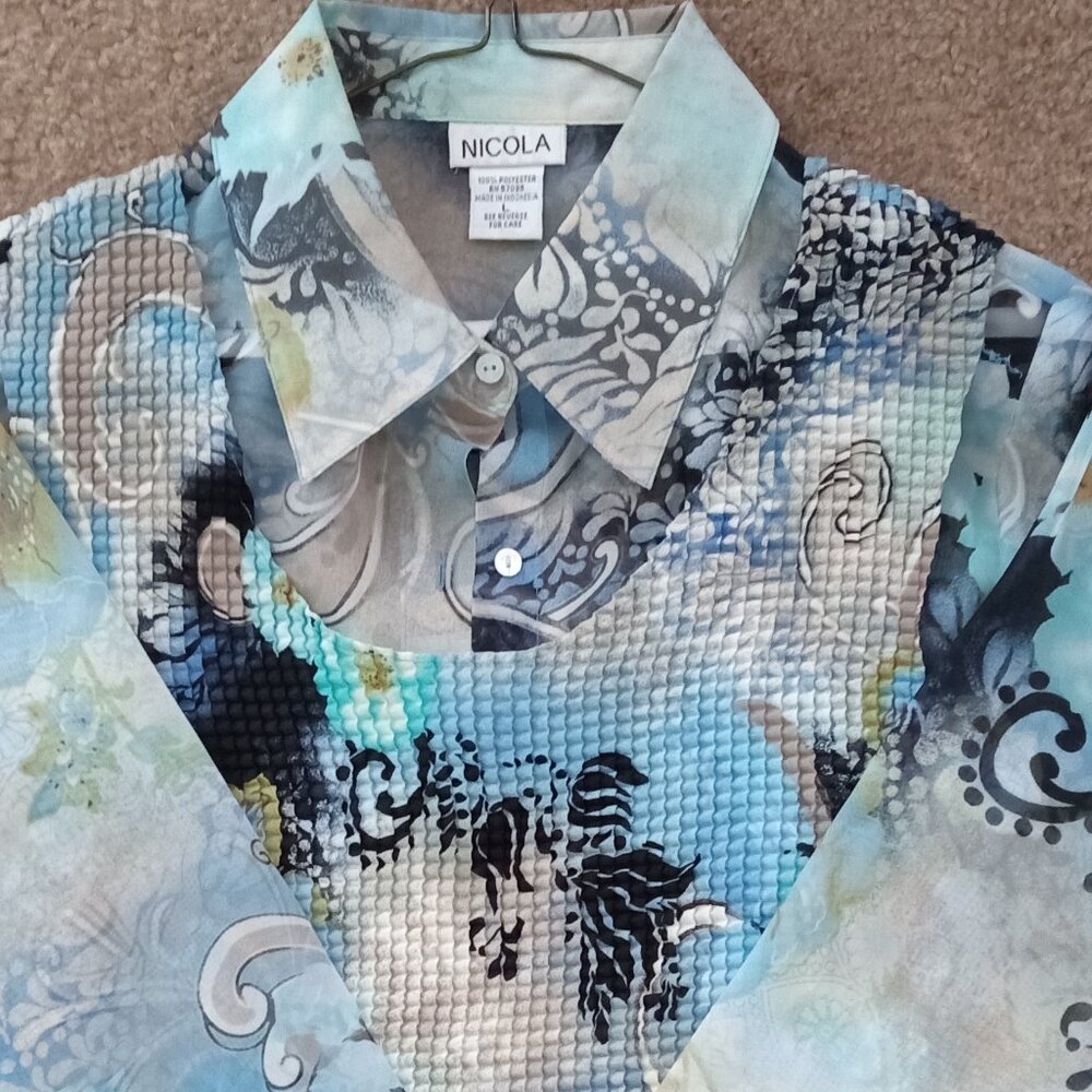 NICOLA 2 PC ENSEMBLE. LONG SLEEVE, SHEER COLLARED SHIRT & CRINKLE CUT TANK TOP